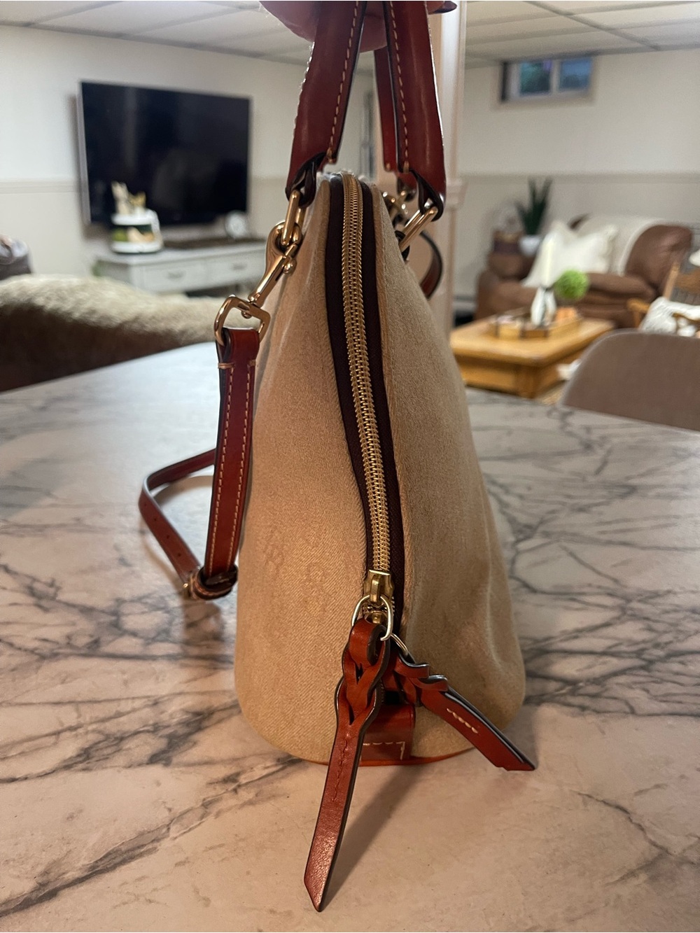 Dooney & Bourke Beige Satchel with Brown Trim and Lilac Flower Charm - Picture 7 of 15